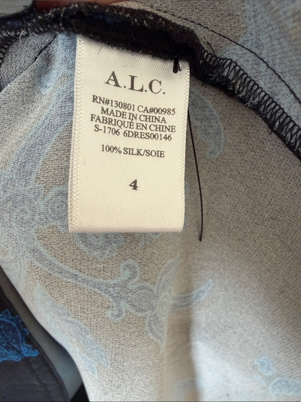 A.L.C. Black Long-Sleeve Fit & Flare Dress with Blue Paisley 100% silk - Picture 6 of 6